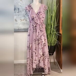 Soft Lavender V-Neck Floral Print Ruffle Maxi Dress Size 0XL